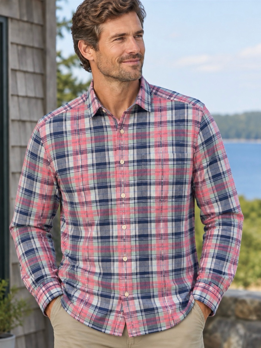 L.L.Bean Signature Plaid Button Down Shirt Pink Navy Mint Slim Fit size Large